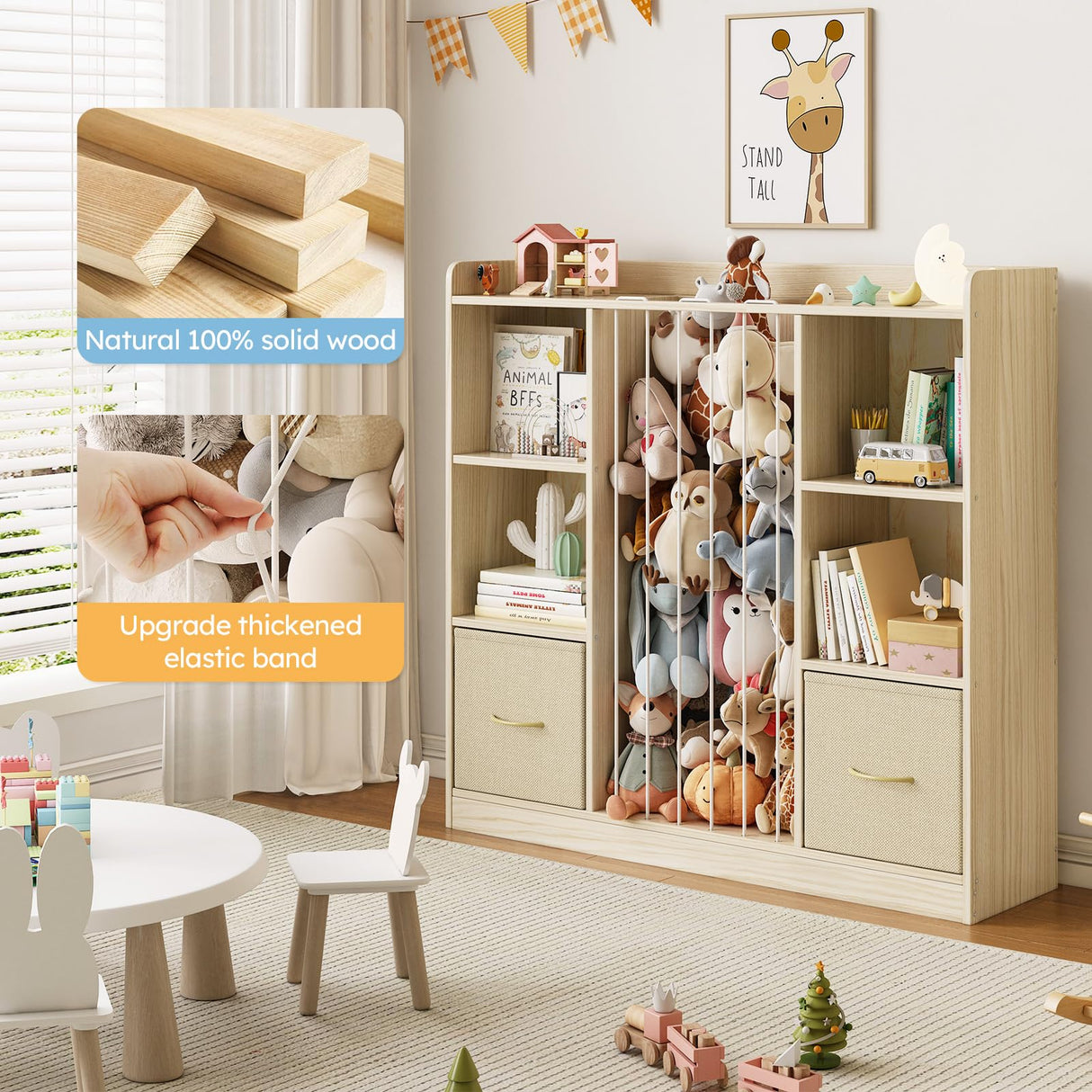 EXPERLAM Toy Storage Organizer with Stuffed Animal Storage, Wooden Toy Organizer & Stuffed Animal Zoo, 6 Cubes Shelf with Removable Drawers, 4 -in-1 Book Shelf for Kids Room, Playroom, Nursery EXPERLAM