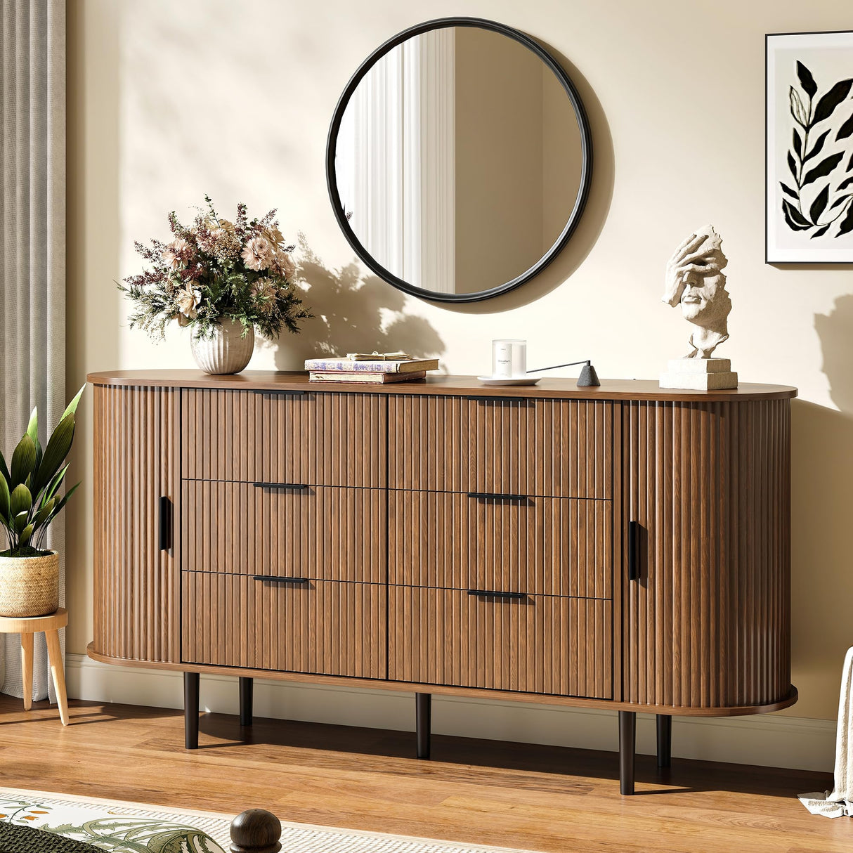 BVIUNTWO Fluted 6 Drawer Dresser, 63" Wide Modern Chest of Drawers with Metal Handle, Curved Edge Design, Wood Storage Credenza Cabinet for Bedroom,Living Room, Brown BVIUNTWO