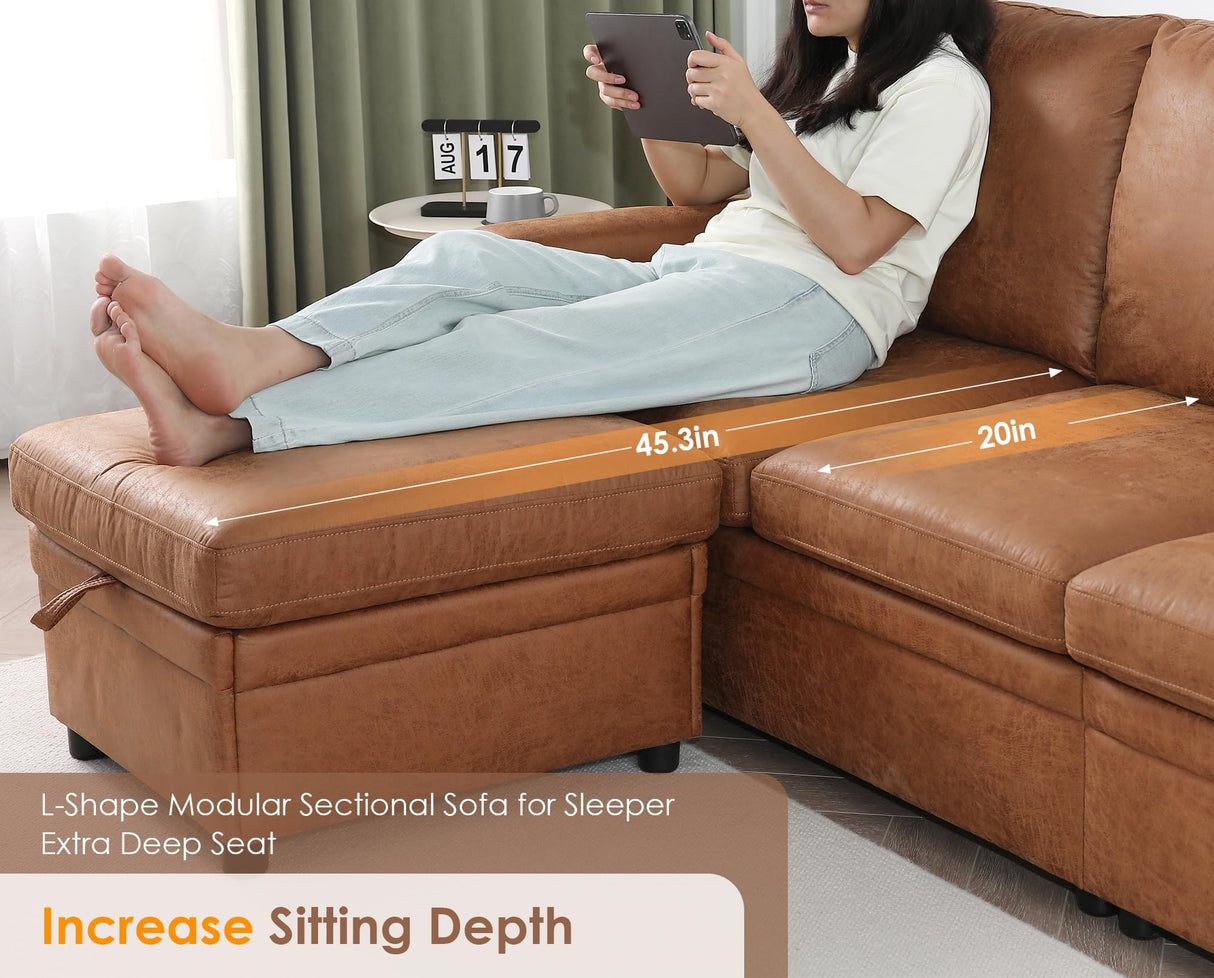 HIFIT 101" W Sectional Sofa with Storage Seats and USB Ports, 6 Seater U Shaped Sectional Couch with Double Chaise, Brown Leather Sofa Couches for Living Room, Small Sofa HIFIT