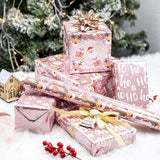 LeZakaa Christmas Wrapping Paper Mini Roll, Pink Metallic Foil Shine Paper - Snowflakes/Santa Claus/HO Print for Gift Wrap, Arts Crafts - 17 x 120 inches - 3 Rolls (42.5 sq.ft.ttl.) LeZakaa