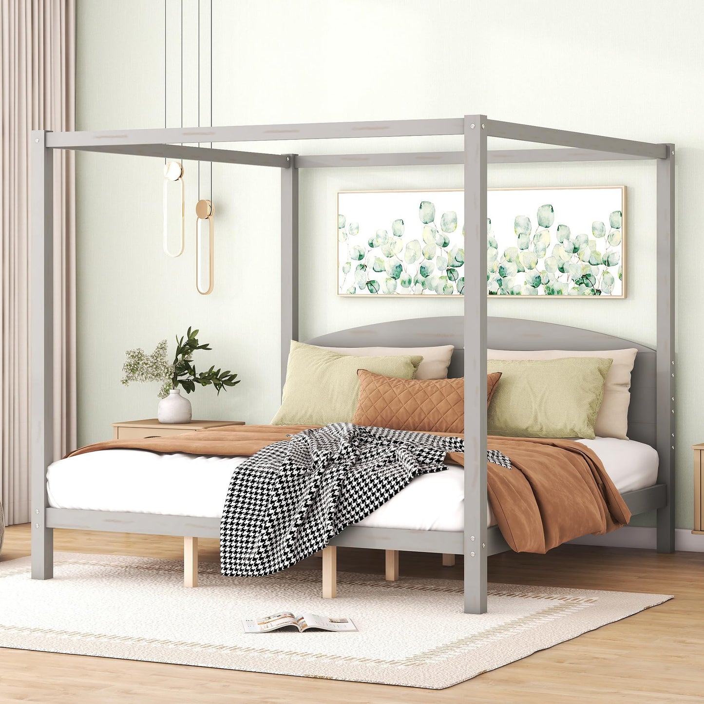 Harper & Bright Designs Grey Wash King Size Canopy Bed Frame with Headboard and Slat Support - WoodArtSupply