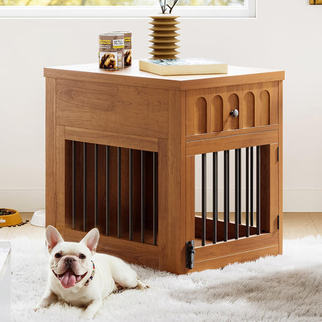 LIKEMET Dog Crate Furniture for Small Dogs, Wooden Dog Kennel with Drawer, Indoor Pet Crate End Table with 1.18-inch Tabletop, Decorative Pet Cage Dog House, Walnut LIKEMET