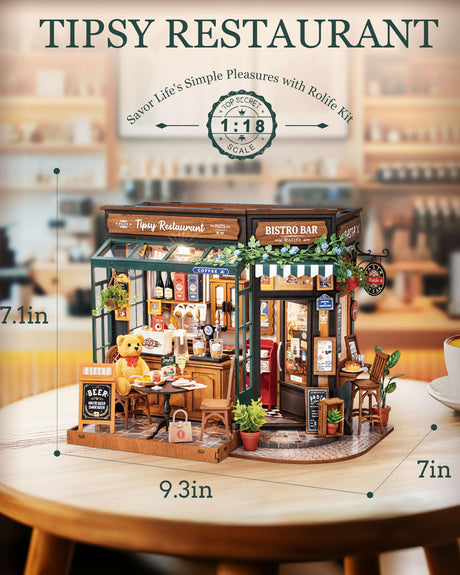 Rolife DIY Miniature House Kit 1:18 Coffe&Bar Dollhouse Diorama Model, Build Mini House Building Kit with LED Light Hobby Crafts for Adults Gift for Him Her (Tipsy Restaurant) Rolife