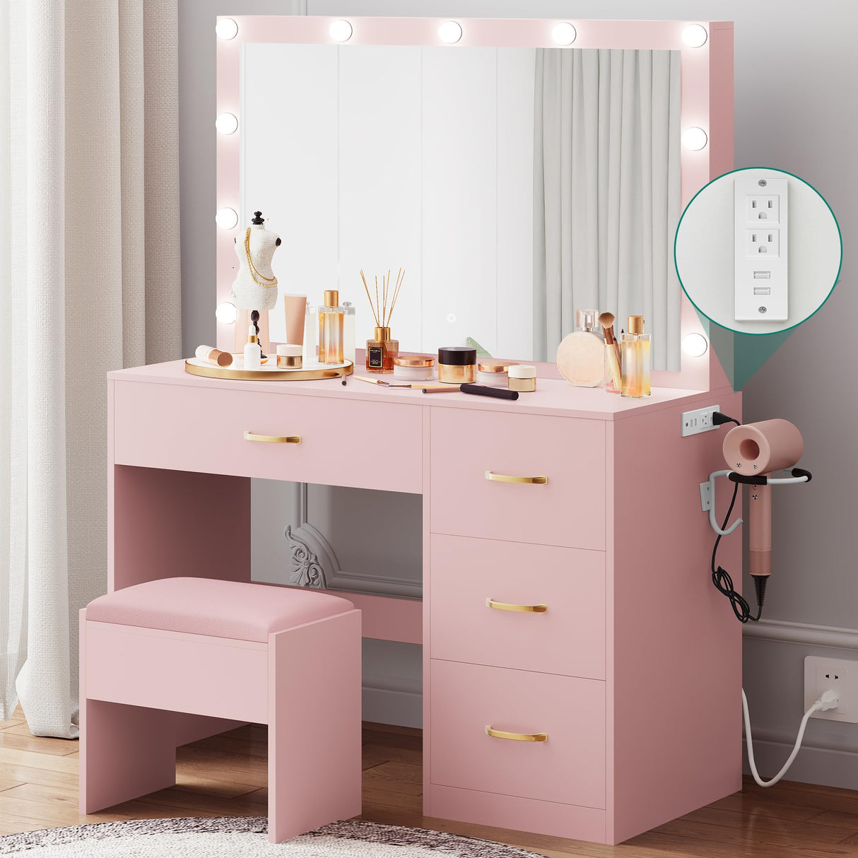 YITAHOME Makeup Vanity Desk with Large Lighted Mirror & Power Outlet, Makeup Vanity Set with 4 Drawers, Dressing Table with 3 Color Modes Available, Cushioned Bench, Bedroom, Pale Pink YITAHOME