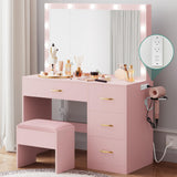 YITAHOME Makeup Vanity Desk with Large Lighted Mirror & Power Outlet, Makeup Vanity Set with 4 Drawers, Dressing Table with 3 Color Modes Available, Cushioned Bench, Bedroom, Pale Pink YITAHOME