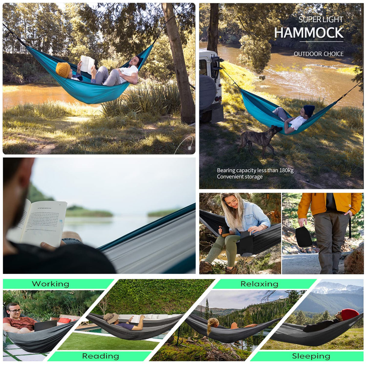 Hammock Camping, Portable Single/Double Hammocks for Outdoor Hiking Travel Backpacking - 210D Nylon Hammock Swing for Backyard & Garden (Green/Khaki) ERUW