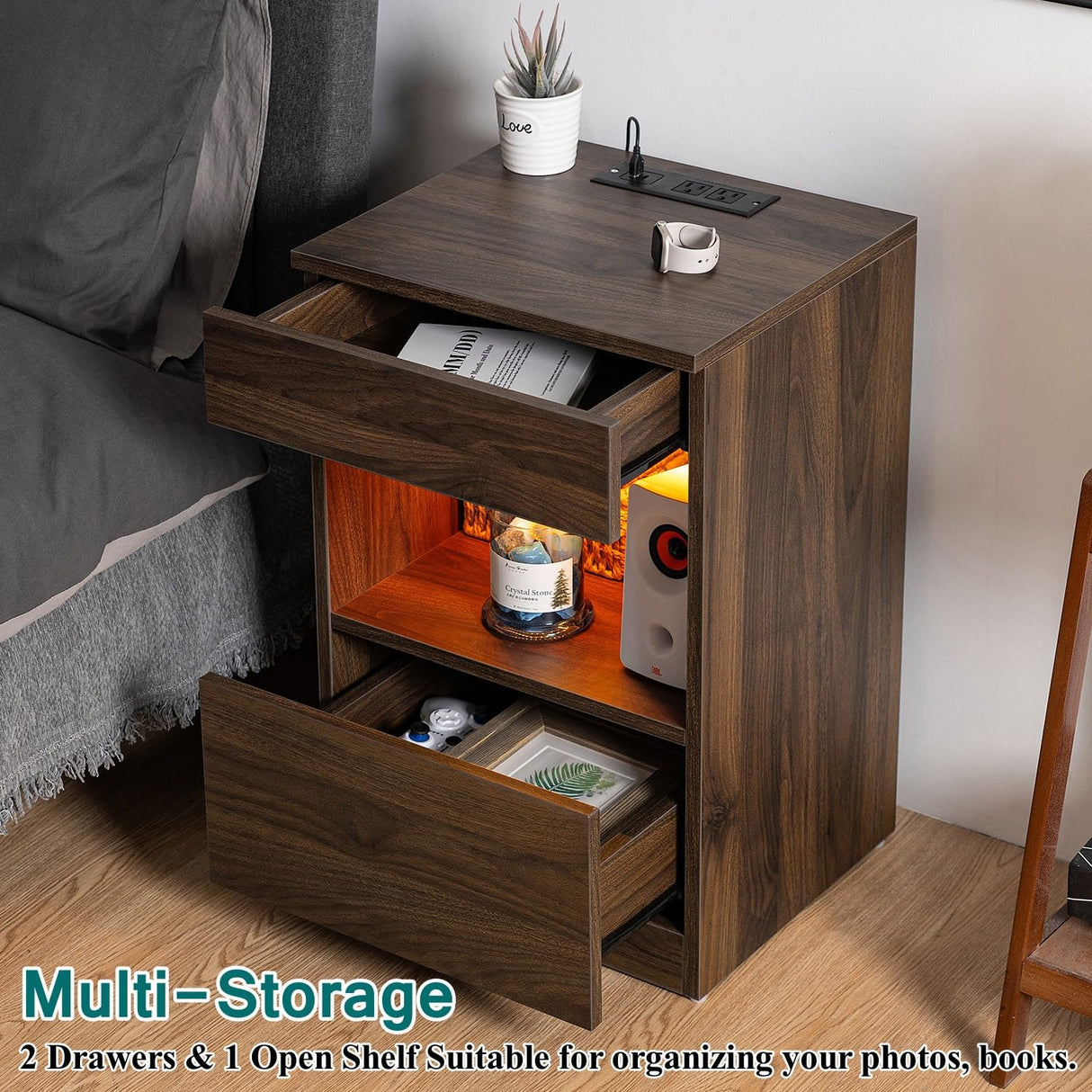 HOMMPA Set of 2 Open Shelf LED Nightstands with Charging Station Dark Walnut 2 Drawers Bedside Tables with Led Light Night Stands with Storage Smart Nightstads Wood Night Table Mid Century for Bedroom HOMMPA
