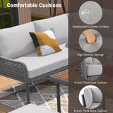 Merax 6 Piece Rope Patio Furniture L-Shaped Set, Outdoor Sectional Sofa Set with Acacia Wood Table with Ice Box, Rope Benches, Rope Conversation Set with Deep Seating & Thick Cushion for Couch,Grey Merax