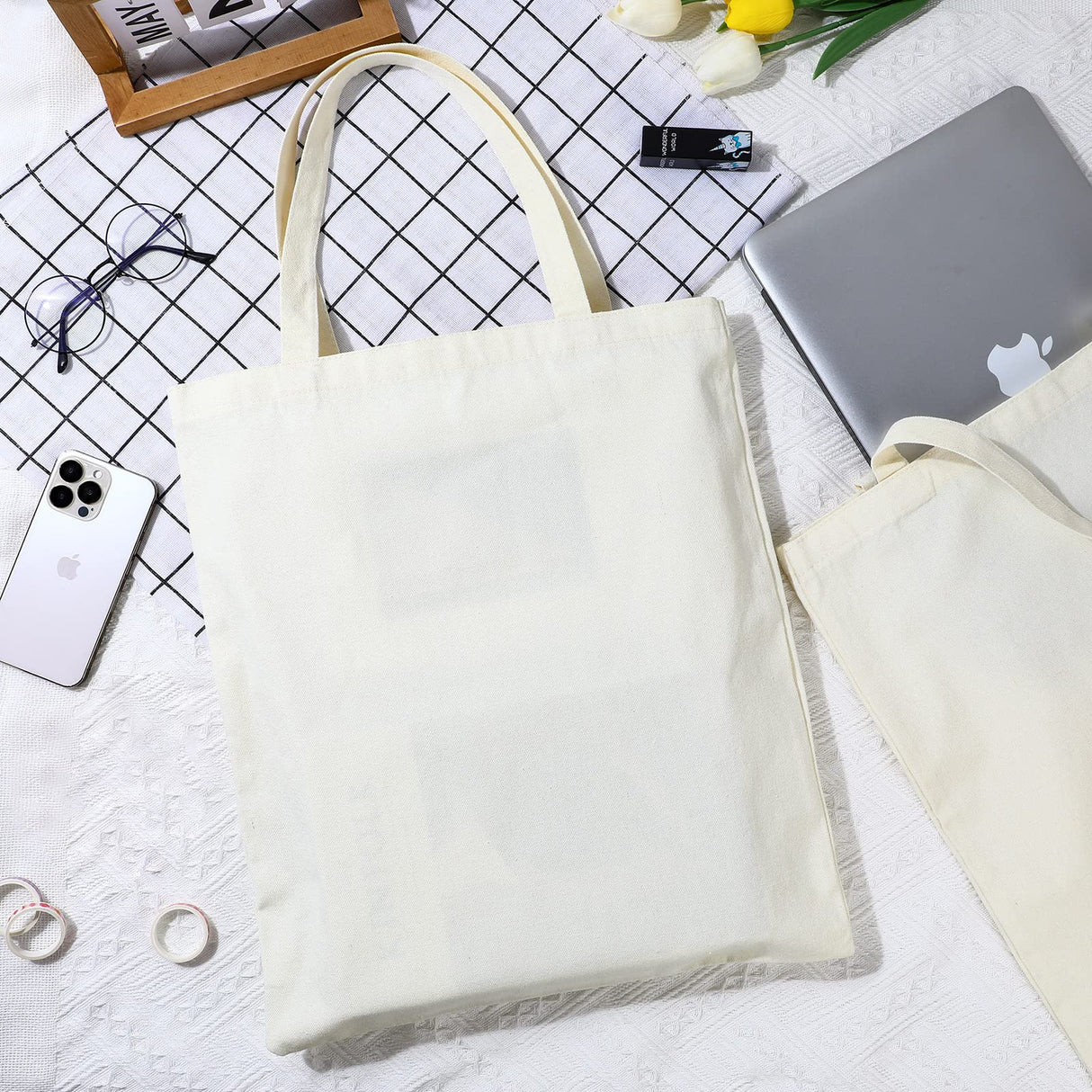 Xuniea 12 Pcs Sublimation Polyester Tote Bag Blank Canvas Bag Bulk Reusable Grocery Shopping Bag Christmas Gift 15 x 16'' (Beige) Xuniea