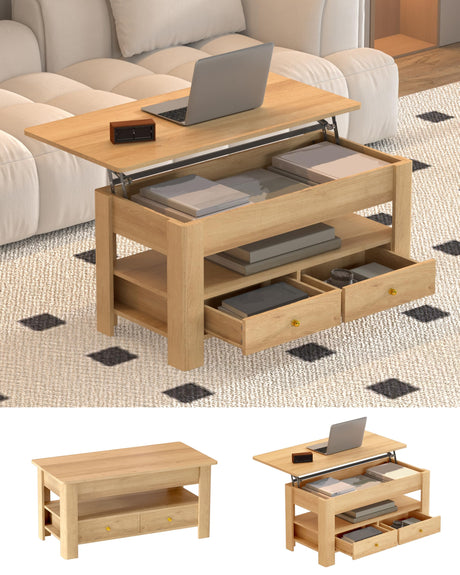 44" Lift Top Coffee Table with Hidden Storage Compartment & 2 Drawers, Spacious Convertible Table, Effortless Hydraulic Lift Top, Modern Rustic Design for Living Room & Home Office, Natural Oak Jpiziso