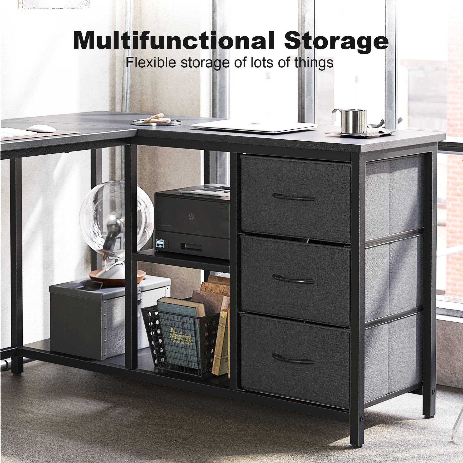 Treesland Black L Shaped Desk with Drawers and Storage Shelves for Home Office - WoodArtSupply