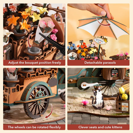 ROBOTIME 3D Puzzles for Adults DIY Model Kit to Build Floral Cart Wooden Puzzle Craft Kit Toy Hobby Gift Home Decor ROBOTIME