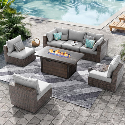Patio Furniture Set,7 Piece Patio Furniture Set with Fire Pit Table,PE Wicker Rattan Sectional Sofa Patio Conversation Set with Thickened Cushions, Grey