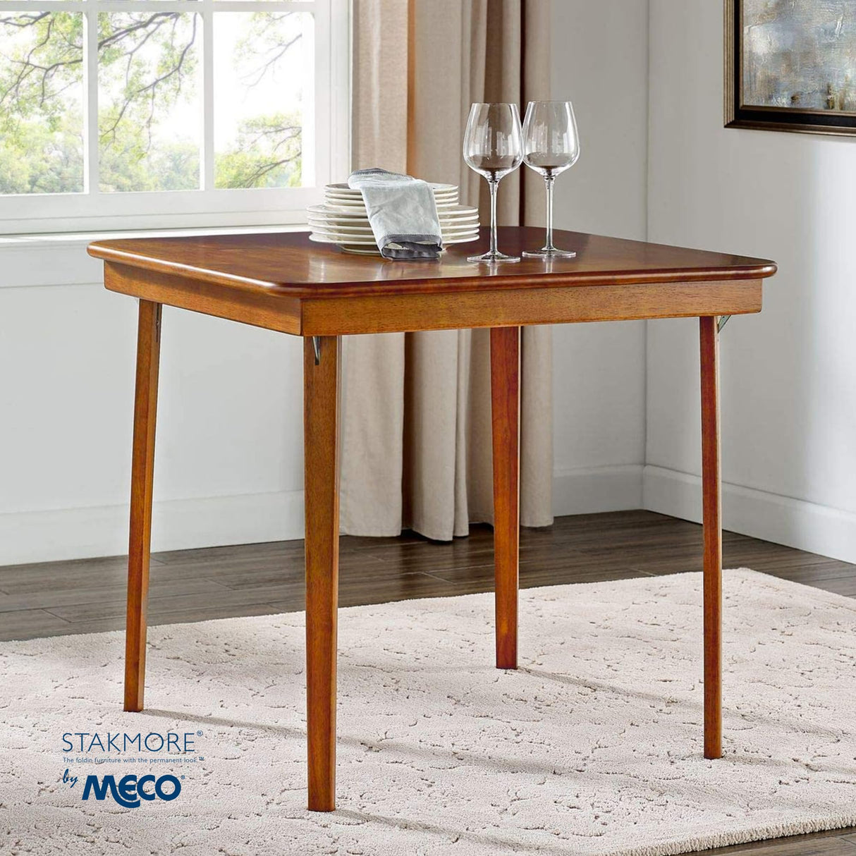 MECO Stakmore Straight Edge Solid Wood Folding Card Table, Folds to Deep 3.38 Inches for Easy Storage, 29.5″H x 32″W x 32″D, Fruitwood Finish MECO