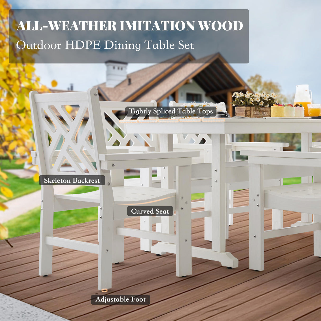 AZXZCS HDPE Dining Table Set for 10,12-Piece Outdoor Table and Chairs Include 10 Dining Chairs and 2 Pcs 62.5" Patio Dining Table with Umbrella Hole (White) AZXZCS