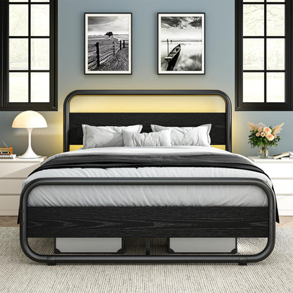 Full Size Bed Frame with Headboard Metal LED Bed Frame Full Size Platform Bed Frame Full Heavy Duty Full Wood Platform Bed Frame Under Bed Storage Noise Free No Box Spring Needed (Black, Full)