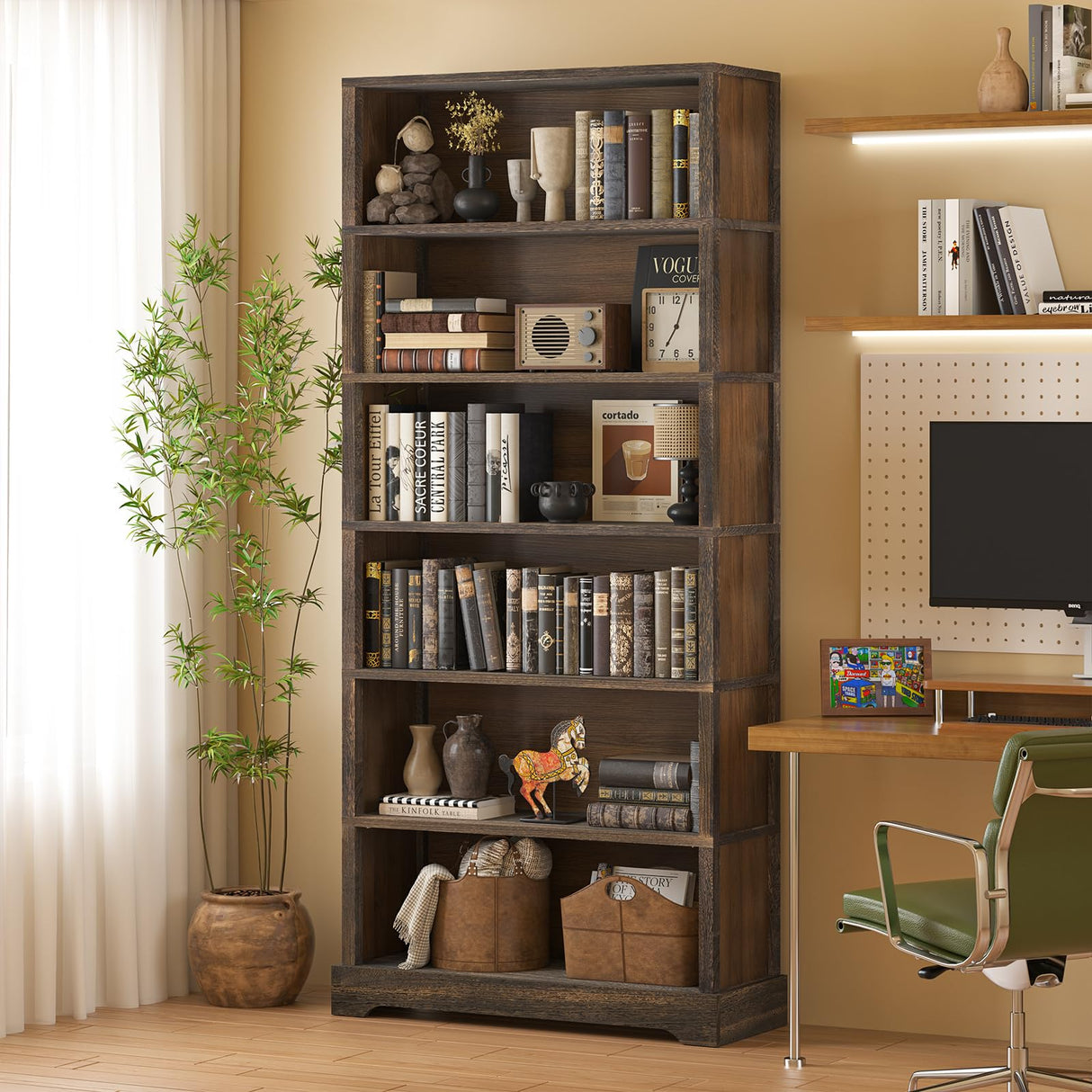TVU 6-Tier Wooden Book Shelf, Floor-Standing Display Bookcase, 77.2" H x 31.5" W x 11" D Bookshelf, Farmhouse Style Book Case with Arched Base, Suitable for Living Room, Study, Office, Rustic Brown TVU