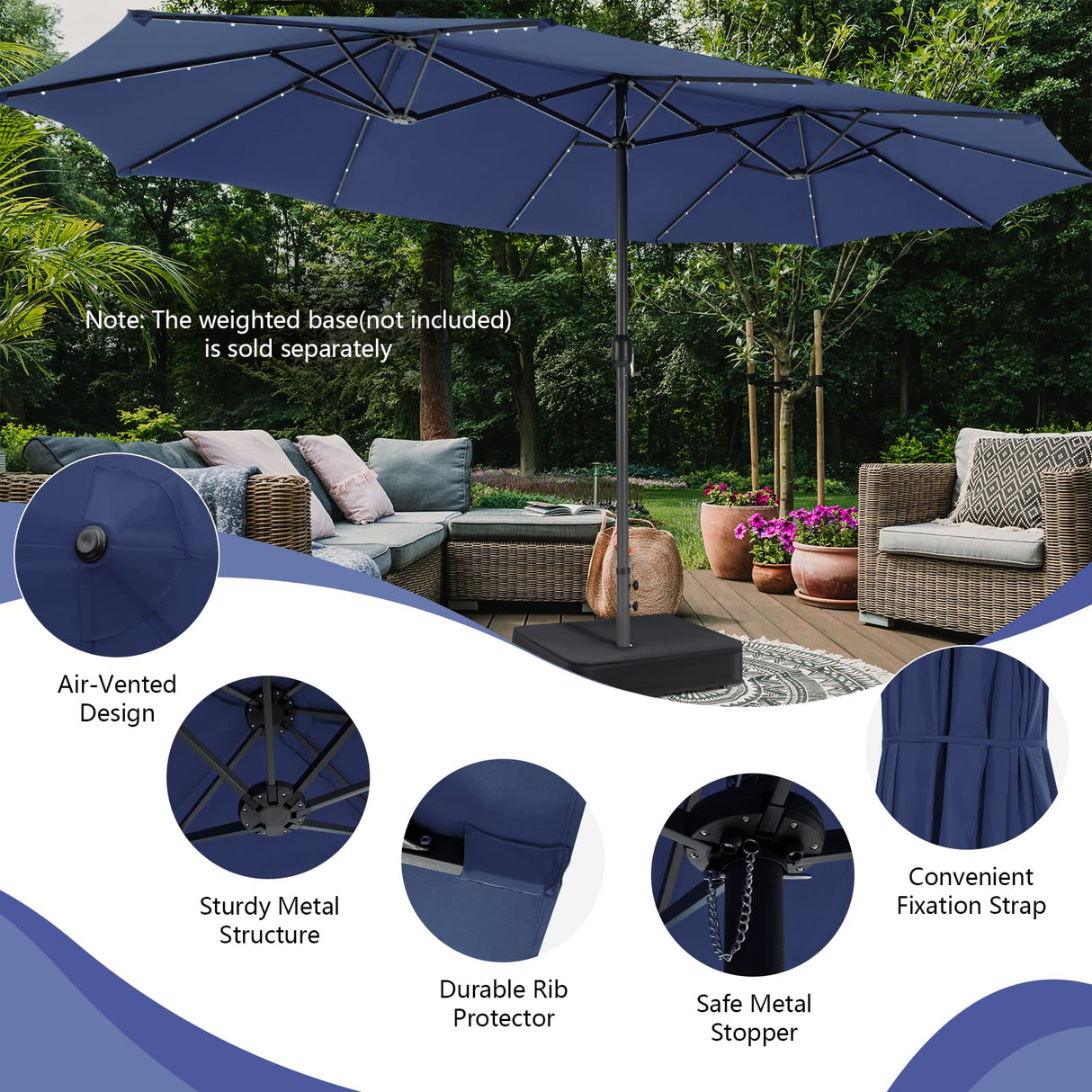 Tangkula 15 Ft Twin Patio Umbrella with 48 LED Lights, Double-Sided Outdoor Umbrella W/ Auto-Charging Solar Panel, Extra-Large Outdoor Market Umbrella W/ Hand-Crank System for Poolside, Garden & Backyard (Navy Blue) Tangkula
