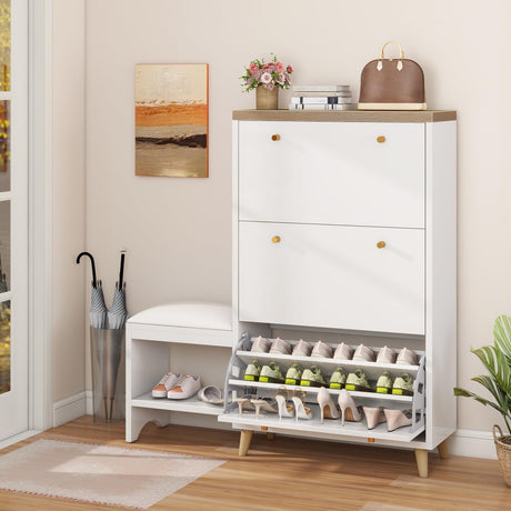 DWVO Shoe Cabinet with Bench for Entryway, Modern Shoe Storage Cabinet Shoe Bench, Narrow Hidden Shoe Organizer with 3 Flip Drawer, for Hallway, Closet, Living Room, White DWVO