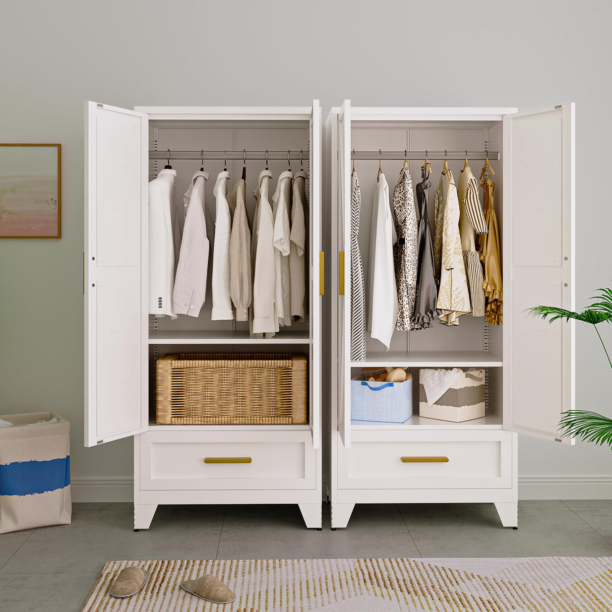 Washsemba 71'' Farmhouse Metal Wardrobe Cabinet with Hanging Rod, 2 Barn Door Wardrobe Closet with Adjustable Shelves,Drawer,for Dining Room,Bedroom,Living Room, Cloak Room,Office (White) Washsemba