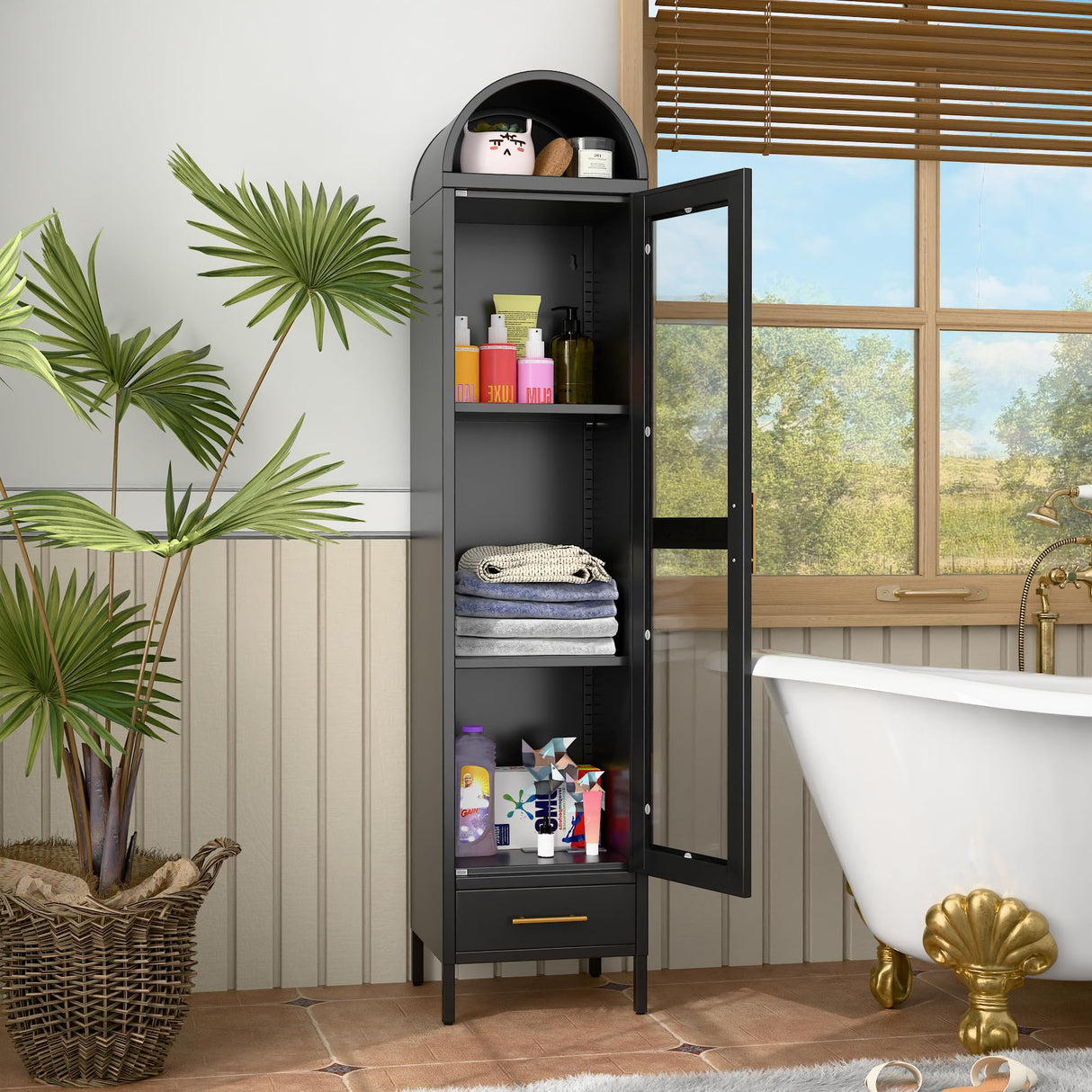 METALYEYE 73''H Metal Arched Storage Cabinet, Arch Display Bookcase Cabinet with Glass Doors & Shelves and 1Drawer for Living Room, Kitchens and Bedrooms,Office, Black, Assembly Required METALYEYE