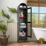 METALYEYE 73''H Metal Arched Storage Cabinet, Arch Display Bookcase Cabinet with Glass Doors & Shelves and 1Drawer for Living Room, Kitchens and Bedrooms,Office, Black, Assembly Required METALYEYE