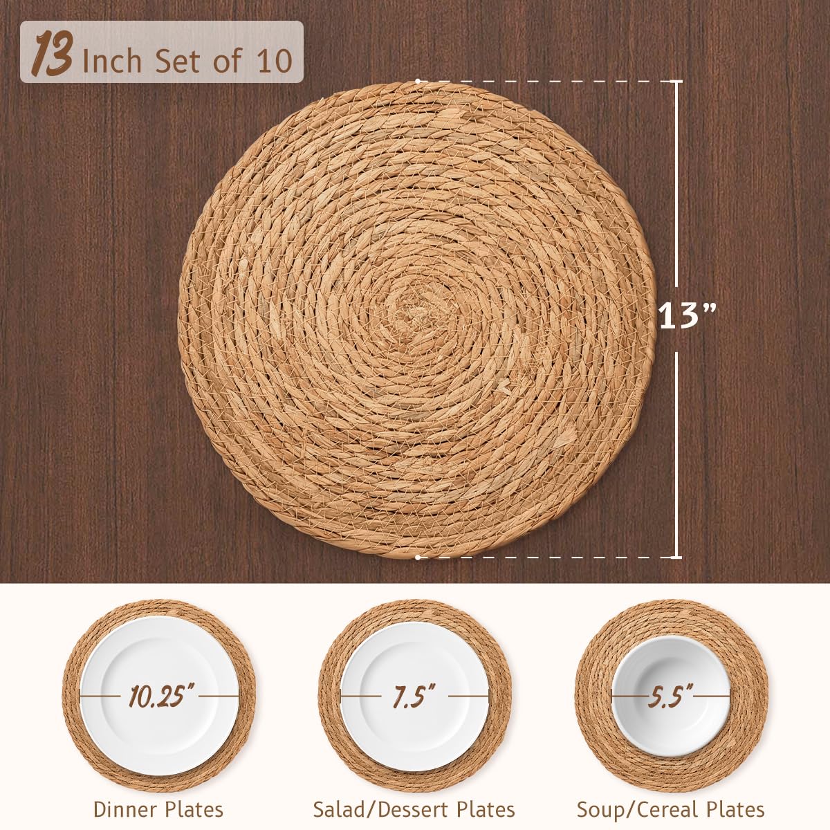 13 in Round Woven Placemats Plate Chargers Set of 10, Boho Farmhouse Rustic Woven Place Mats for Dining Table Decor, Rattan Wicker Table Mats Jute Braided Chargers for Dinner Plates BAVIFY