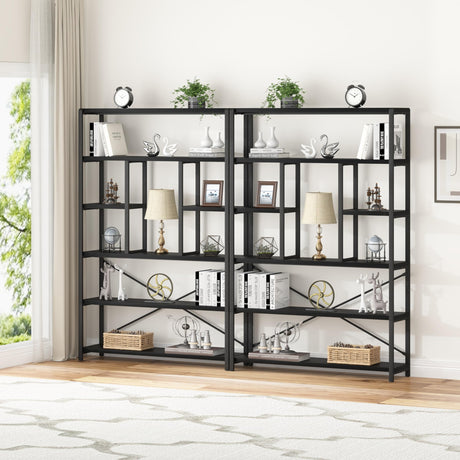 LVB 6 Tier Tall Black Bookshelf, Modern Large Wide Book Rack Storage, Industrial Wood Metal Etagere 6 Shelf Bookcase, Farmhouse Open Display Book Shelf Organizer for Bedroom Living Room Office, Black LVB