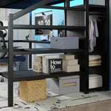 Queen Size Loft Bed with Desk and Stairs, Gaming Loft Bed with RGB LED Light and Storage, Heavy-Duty Metal Loft Beds Frame with Wardrobe, Shelves and Charging Station for Adults Kids Teens, Black Mirightone