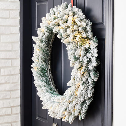 Glitzhome 36" D Oversized Pre-Lit Snow Flocked Christmas Wreath with 60 Warm White Lights and Timer, Artificial Wreaths for Christmas Festival Celebration Front Door Wall Window Party Decor