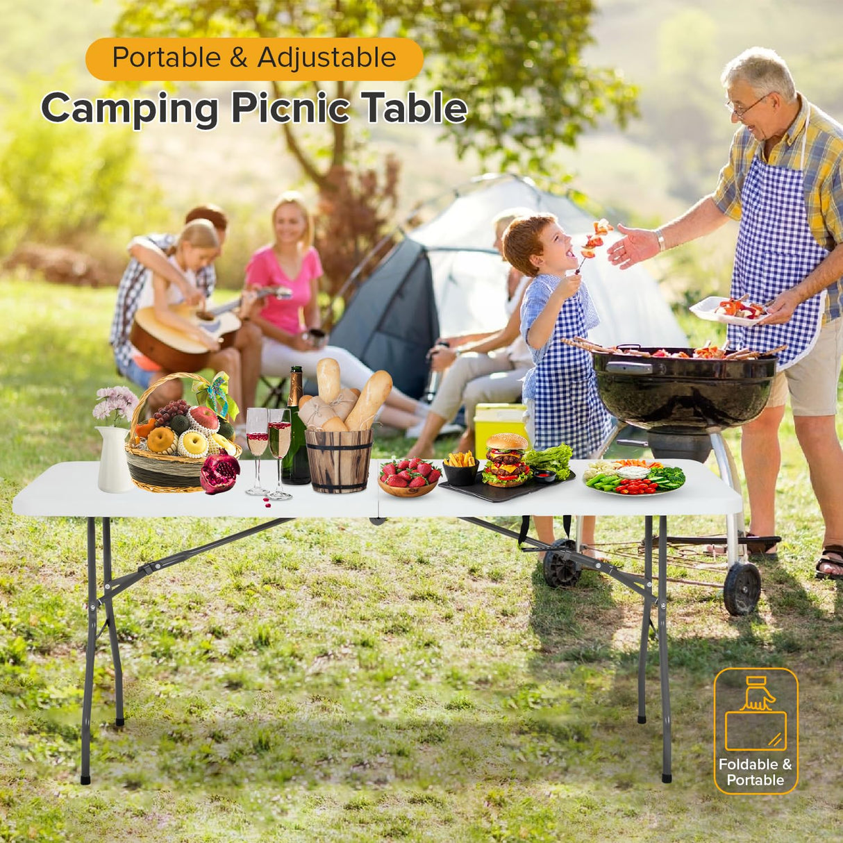 Folding Table 6FT Portable Heavy Duty Plastic Camping Table Foldable Table Plastic Dining Table Indoor Outdoor for Camping, Picnic and Party, White Dopinmin