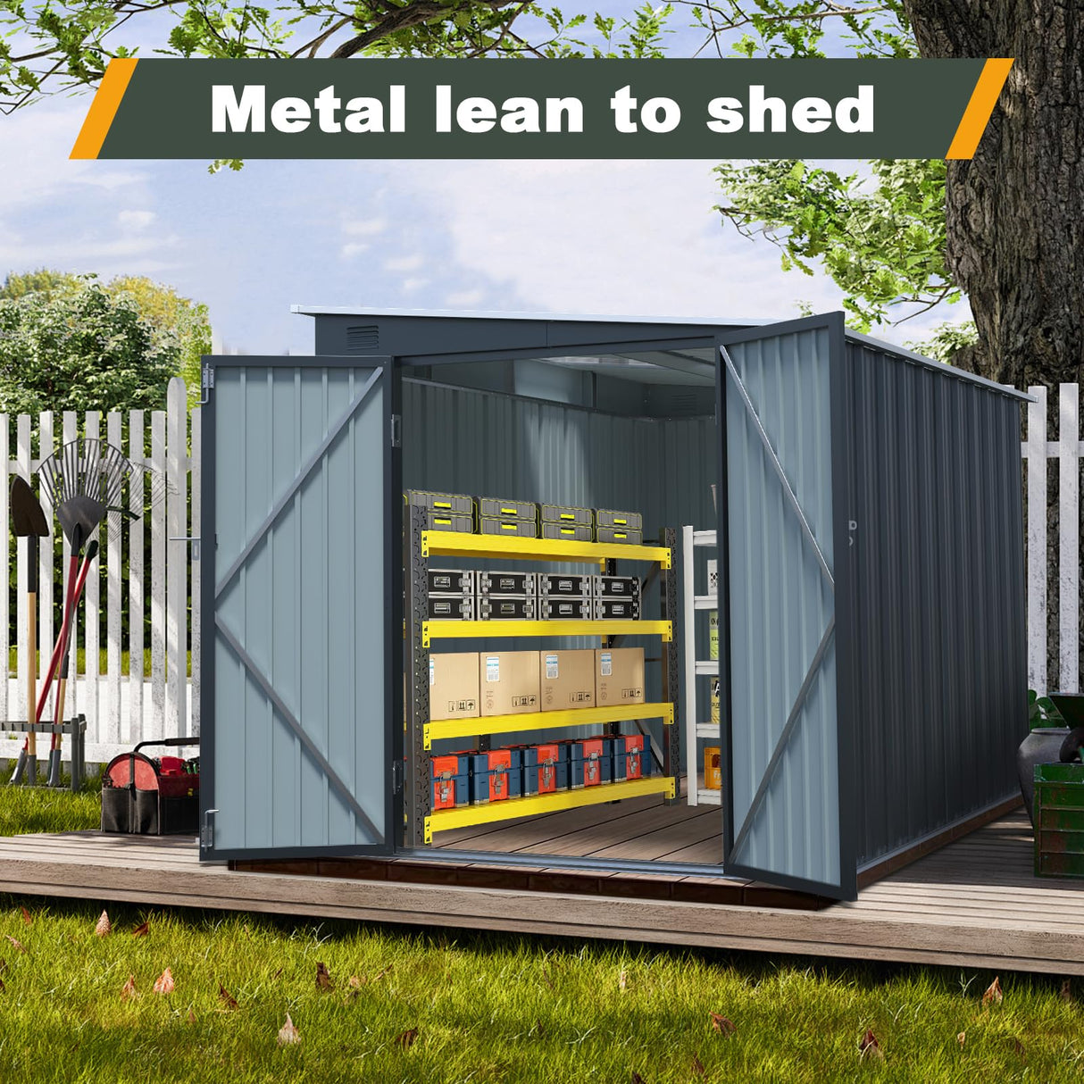 Jaxenor 6x8FT Outdoor Storage Shed with Lockable Double Doors, Metal Lean to Garden Shed with Free PC Light Board for Tools, Small Outside Storage Shed Waterproof for Backyard, Patio, Gift for Dad Jaxenor
