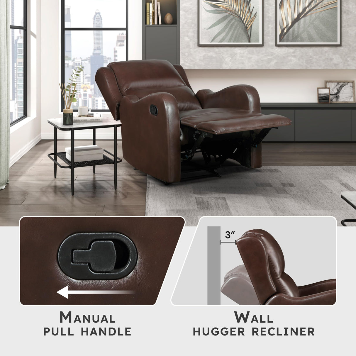 Lexicon Manual Recliner Chair, Reclining Sofa Chair, Home Theater Seating, Wall Hugger, Manual Recliner for Living Room/Office/Apartment, Easy Assembly, Brown Faux Leather Lexicon