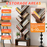 FDW 7 Tier Tree Bookshelf, Rustic Brown Floor Standing Bookcase with Storage Cabinet, Tall Narrow Bookshelves Organizer for Bedroom/Living Room/Home Office Corner FDW