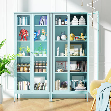Crownland Metal Storage Cabinet with Glass Doors, Display Curio Glass Cabinet with 4 Adjustable Shelves, Tall Modern Office Storage Cabinets for Home Office, Living Room, Pantry(Light Blue) Crownland