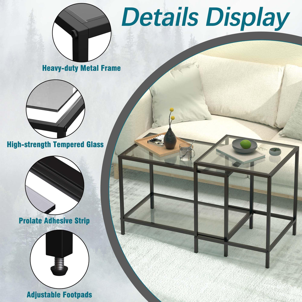 Nesting Coffee Table,Small Glass Coffee Table Set of 2,Black Modern Square Sofa Side Tea Table for Living Room,Bedroom and Small Spaces,2 Tier Tempered Glass with Sturdy Metal Frame, Easy Assembly Adompacat