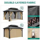 DWVO 12x14ft Hardtop Gazebo Double Roof with Nettings and Curtains, Heavy Duty Galvanized Steel Outdoor Vertical Stripes Roof for Patio, Backyard, Deck, Lawns, Brown DWVO