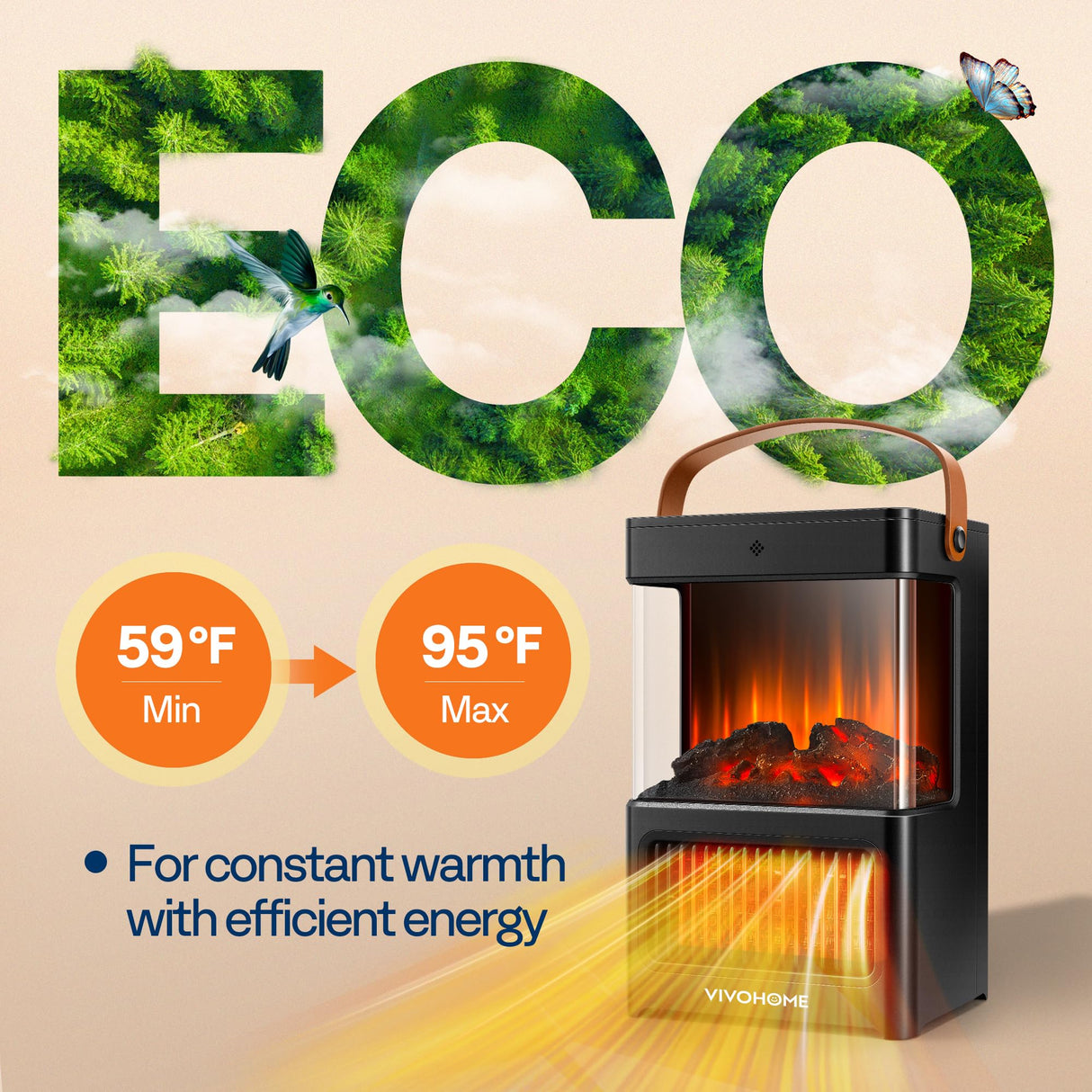 VIVOHOME Portable Electric Fireplace Heater with Realistic Logs and Flame Effect, Freestanding Space Heater with Touch Control and Remote, Mini Fireplace with Timer, Overheat Protection VIVOHOME