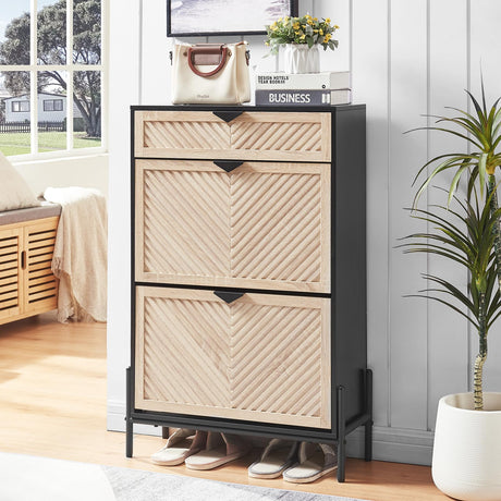 HUSHEDIFY Shoe Cabinet Storage with 2 Flip Drawers, Narrow Hidden Shoes Organizer Cabinet for Entryway, Freestanding Slim Shoe Rack Front Door Entrance(Oak&Black) HUSHEDIFY