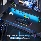 Korfile Computer Gaming Desk with Power Outlet & LED Lights, 47 Inch L Shaped Gamer Table with Storage Shelves for Bedroom, Reversible Corner Home Office Desk, Carbon Fiber Black Korfile