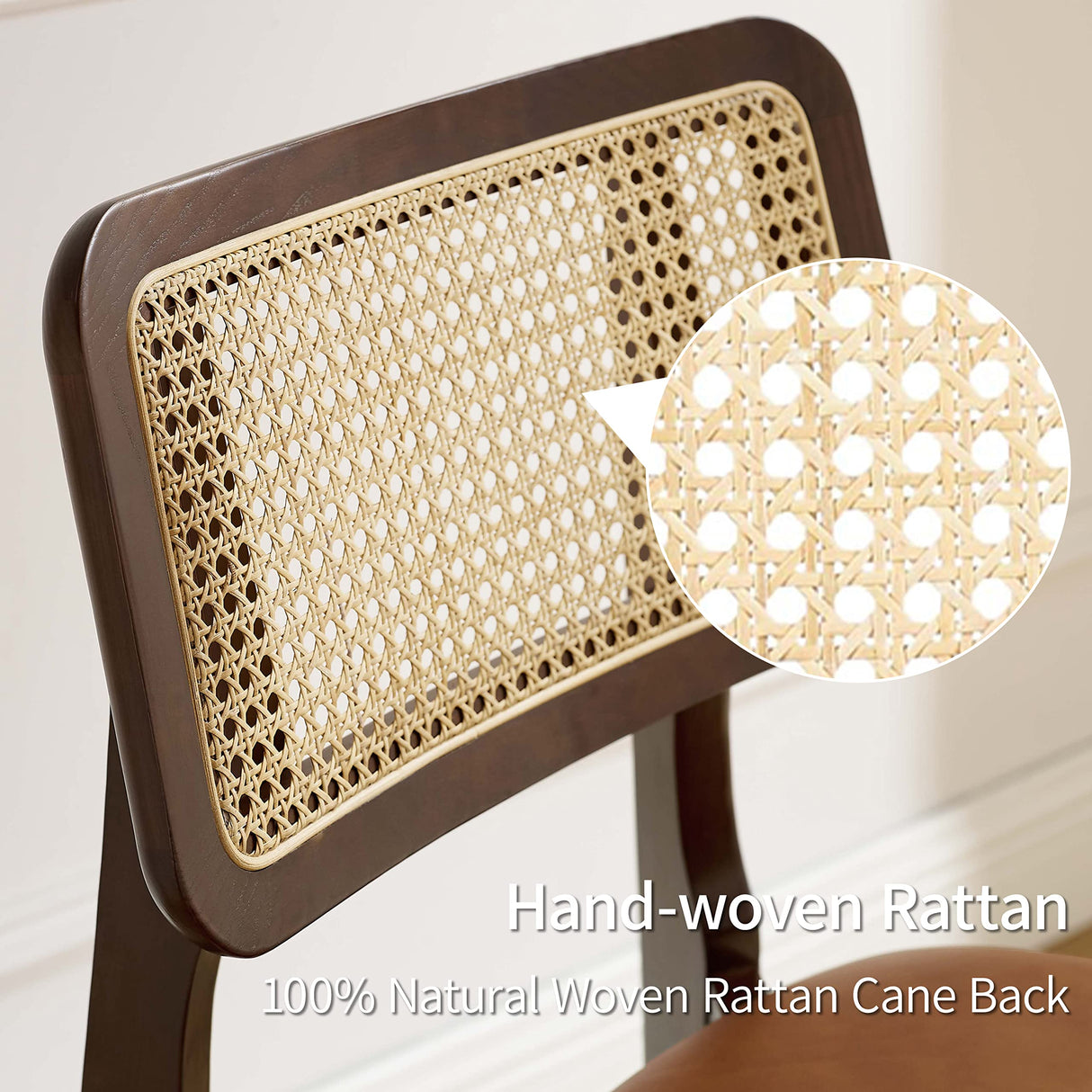 Art Leon Ash Wood Rattan Dining Chairs Set of 2, Genuine Leather Kitchen Chairs, Mid Century Modern Dining Room Chairs with Rattan Back, Armless Side Chairs with Walnut Wood Frame, Brown Art Leon