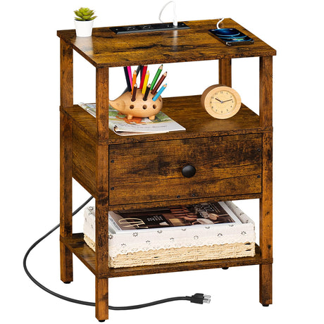 Lerliuo Nightstand with Charging Station and USB Ports, 3-Tier Storage End Table with Drawer Shelf, Night Stand for Small Spaces, Wood Bedside Table for Living Room, Bedroom - Retro Brown… Lerliuo