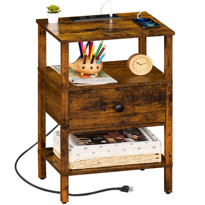 Lerliuo Nightstand with Charging Station and USB Ports, 3-Tier Storage End Table with Drawer Shelf, Night Stand for Small Spaces, Wood Bedside Table for Living Room, Bedroom - Retro Brown…