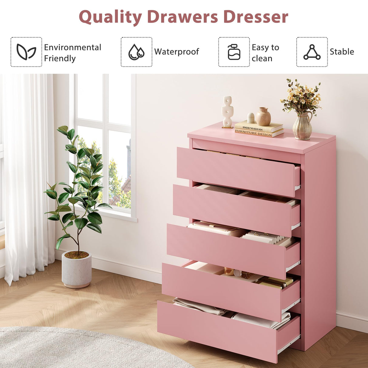 Jocoevol Pink 5 Drawer Dresser for Bedroom, 15" D x 23.7" W x 40.4" H in Simply Chest of Drawers, Wood Storage Dresser with Drawers for Living Room Hallway Entryway, Pink Jocoevol