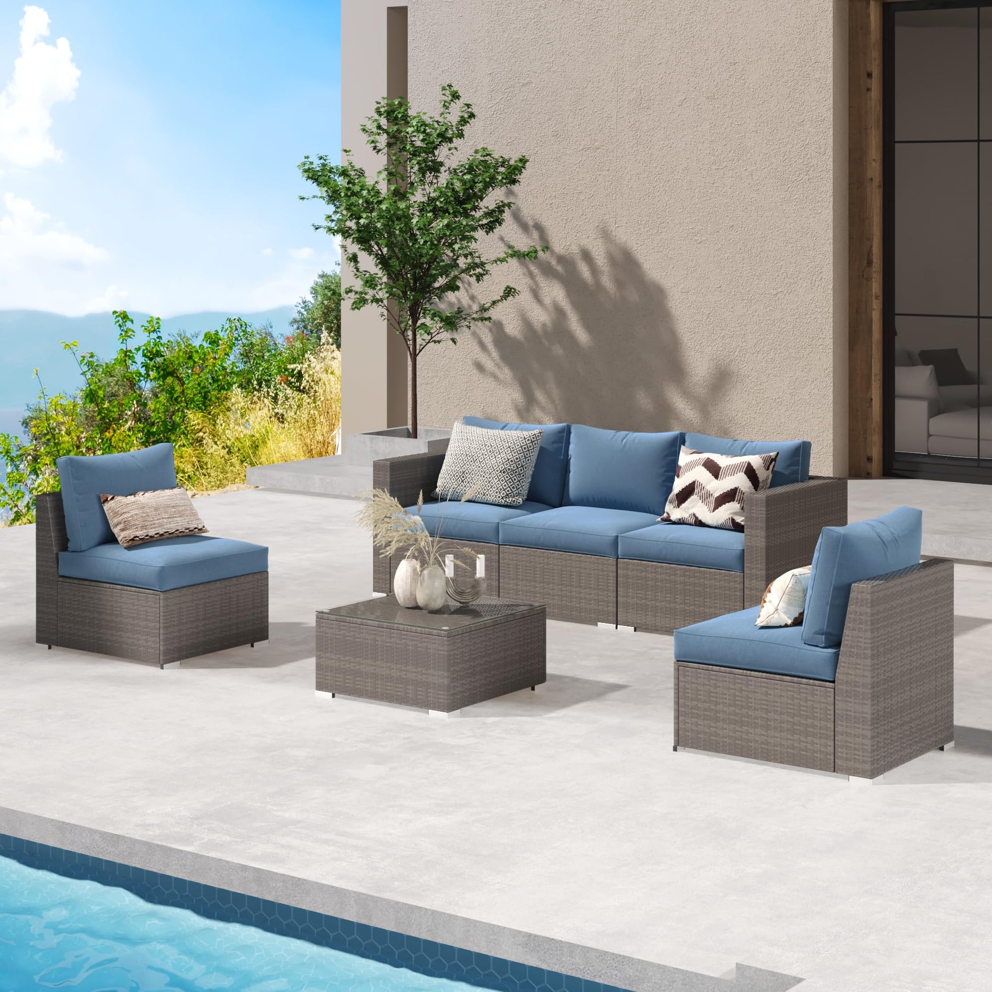 Wisteria Lane 2 Piece Outdoor Patio Furniture Sets, Wicker Patio Loveseat Sofa with Cushion, Outdoor Sectional Corner Sofa for Garden Backyard, Blue - WoodArtSupply