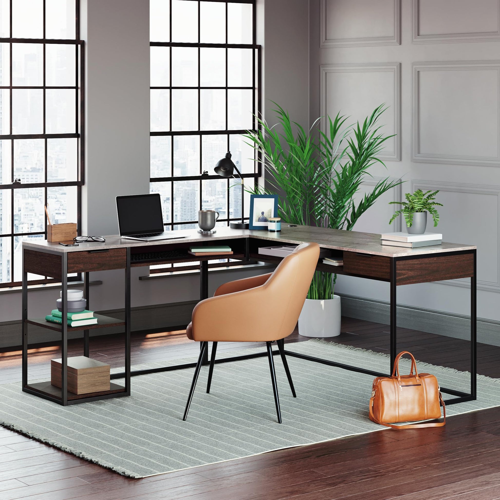 Sauder International Lux Modern L-Shaped Desk, L: 65.98" x W: 60.0" x H: 29.72", Umber Wood finish - WoodArtSupply