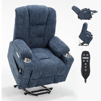 RHHVVR Power Lift Recliner Chair for Eldery, Chenille Electric Recliner Chairs with Massage and Heat, Remote Control Standing Assistance Lay Flat Recliner Sofa for Living Room Medium-Firm,Blue