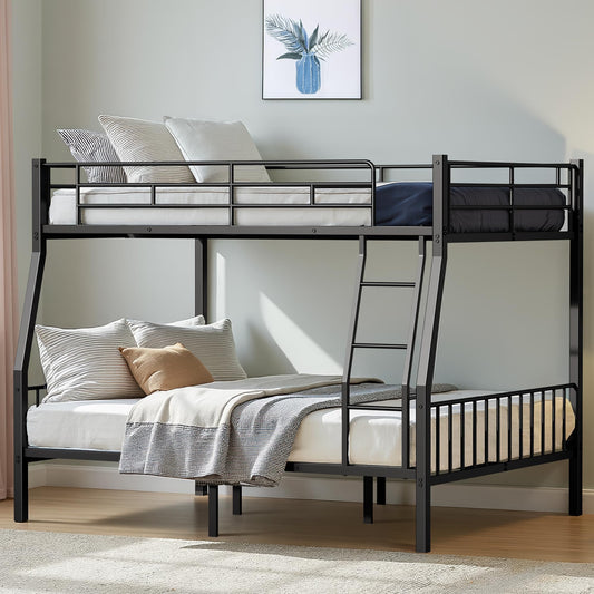 Miscoos Full XL Over Queen Bunk Beds for Adults, Heavy-Duty Metal Bunk Bed Frame with Non-Slip Ladder and Safety Full-Length Guardrails for Kids Teens Adults, Space-Saving, Black