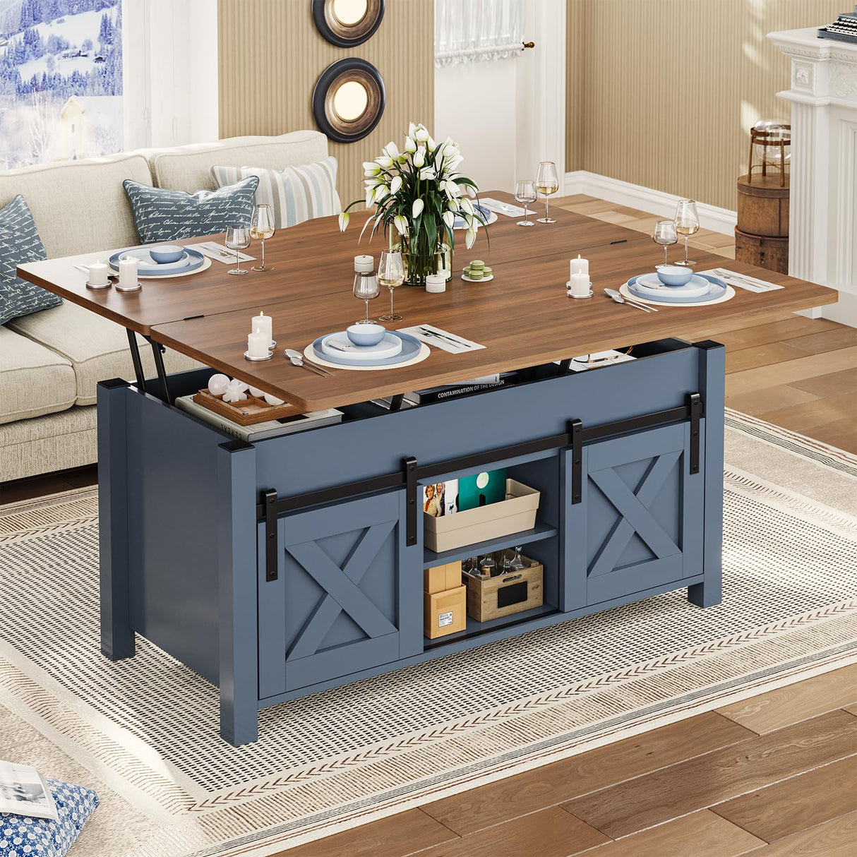 SEDETA Lift Top Coffee Table, 4 in 1 Multi-Function Convertible Coffee Tables with Storage and Hidden Compartment, Farmhouse Coffee Table Converts to Dining Table for Living Room, Blue SEDETA