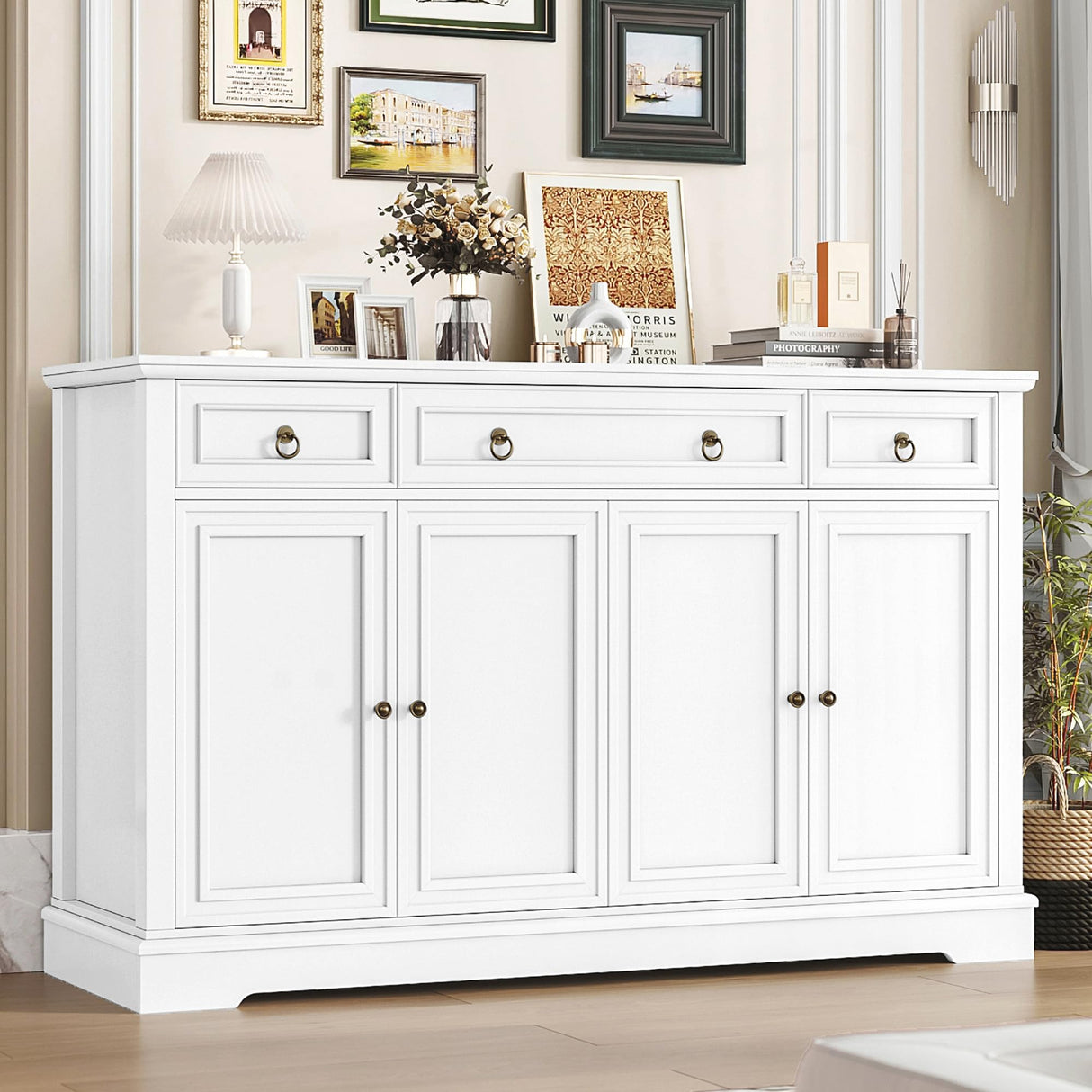 finetones Buffet Cabinet with Storage, 55.1" Large Sideboard Buffet Cabinet, White Kitchen Cabinet with 3 Drawers and 4 Doors, Wood Coffee Bar Cabinet for Kitchen Dining Room, White finetones